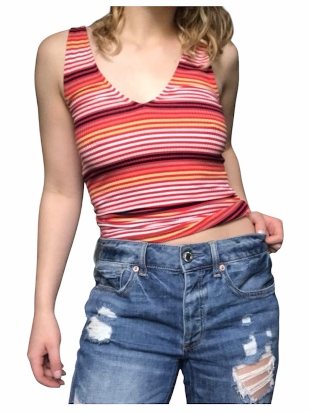 Express Striped ribbed V-Neck Sleeveless Tank Top in Red Pink white yellow navy